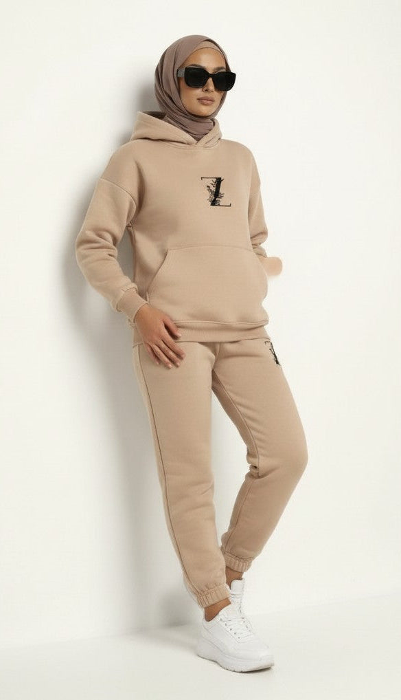 beige side view color Hoodie + Joggers Zarella set on a hijab model